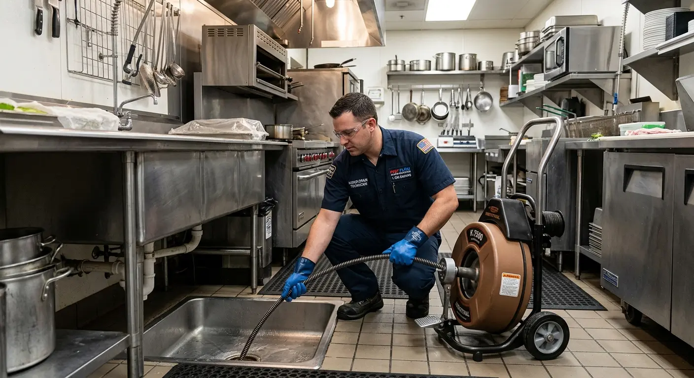 Commercial drain cleaning service in a restaurant kitchen in Wagoner