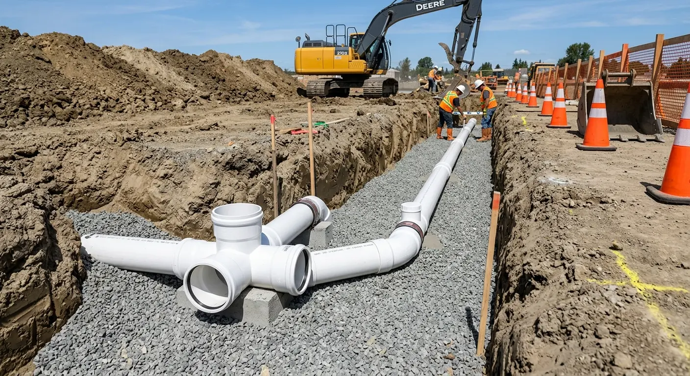 New PVC sewer pipe installation in open trench for Commercial Drain Cleaning in Wagoner