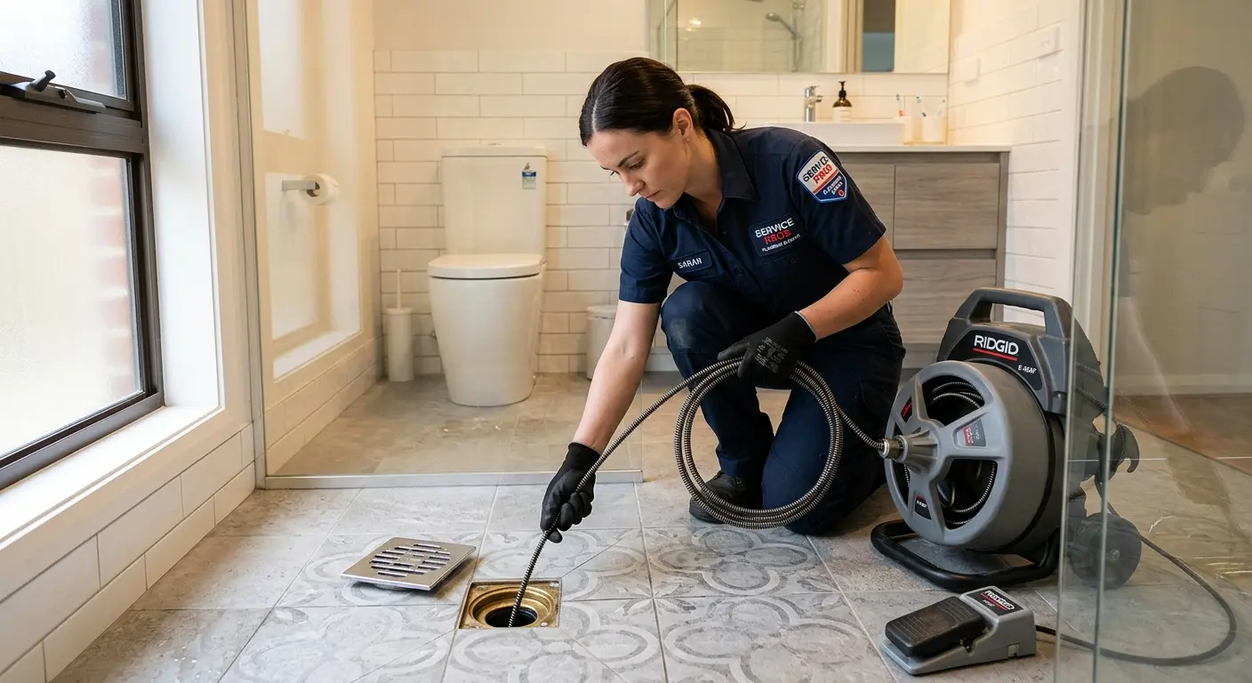 Technician clearing a bathroom floor drain for Clogged Drain Repair in Wagoner